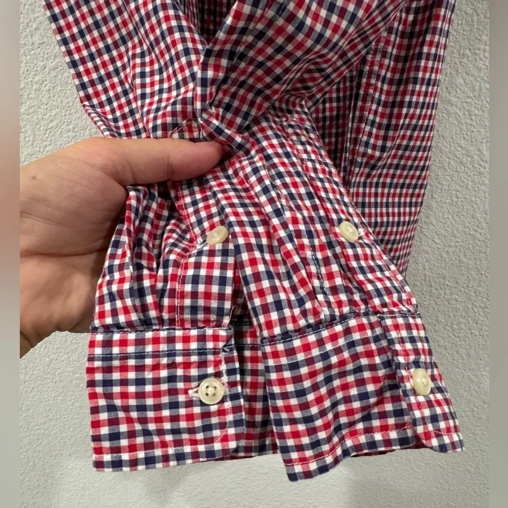 Ralph Lauren Boys Plaid Button Down Collared Logo Red White Blue Shirt Medium